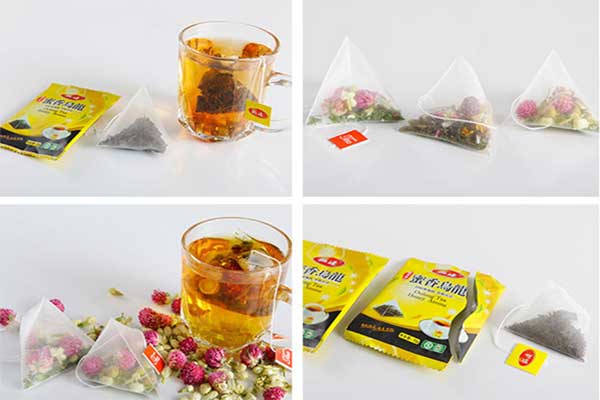 內(nèi)外袋茶葉包裝機(jī)可采用復(fù)合膜、過(guò)濾紙、無(wú)紡布等薄膜制袋